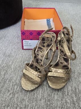 Sam Edelman Metallic Gold Snake-Embossed Strappy Heels